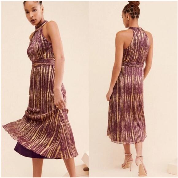 ML Monique Lhuillier Metallic Pleated Halter Midi Cocktail Dress Purple Gold 2 - Picture 11 of 14